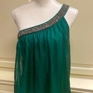 Parella xFrancesca’s Emerald Green One Shoulder Heavy Beaded Top Chiffon Overlay